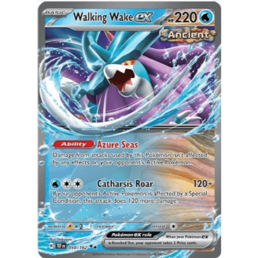 A trading card featuring the Pokémon Walking Wake ex with a blue and purple background. The card displays the Pokémon's artwork, stats, and abilities, including a special attack named Catharsis Rage.