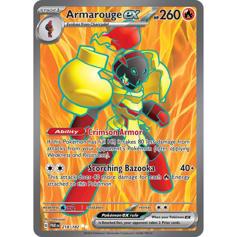 A Pokémon TCG trading card featuring Armarouge EX, a Stage 1 Fire-type Pokémon with a yellow and red body, shown against a fiery orange background. The card includes attack text 'Scorching Bazooka' and status effects, with the Pokémon brand visible at the bottom.