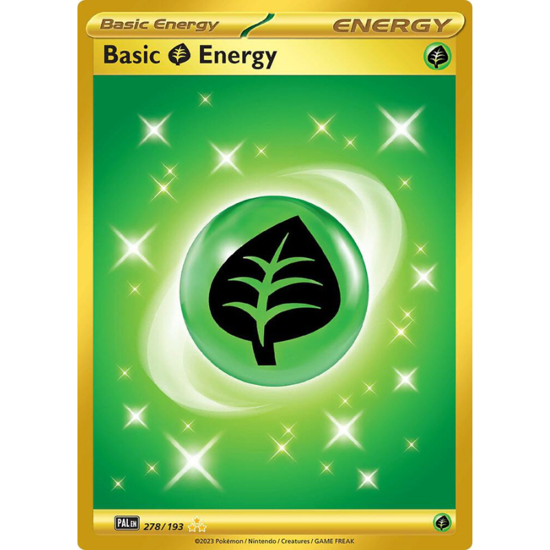 A Pokémon Trading Card Game Basic Energy card featuring a green background with a glowing green orb containing a black leaf symbol, surrounded by white starburst sparkles and a gold border.