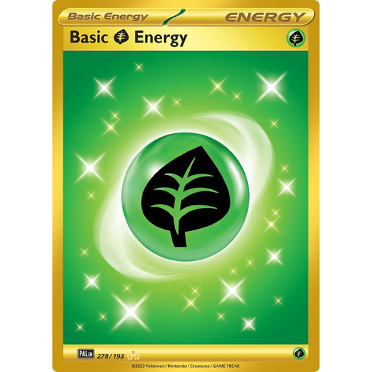 A Pokémon Trading Card Game Basic Energy card featuring a green background with a glowing green orb containing a black leaf symbol, surrounded by white starburst sparkles and a gold border.