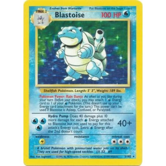 A single Pokémon trading card for Blastoise, shown flat against a plain white background. The card has a yellow border, blue gradient artwork, and character artwork of a white and blue water bird with a black face.