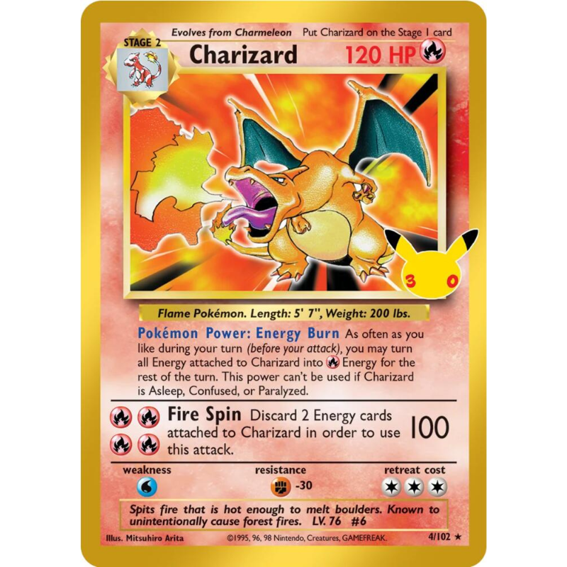 A single Charizard Pokémon trading card shown against a plain white background. The card features Charizard artwork with a gold border and red-orange flame graphics, plus Pokémon branding and game text.