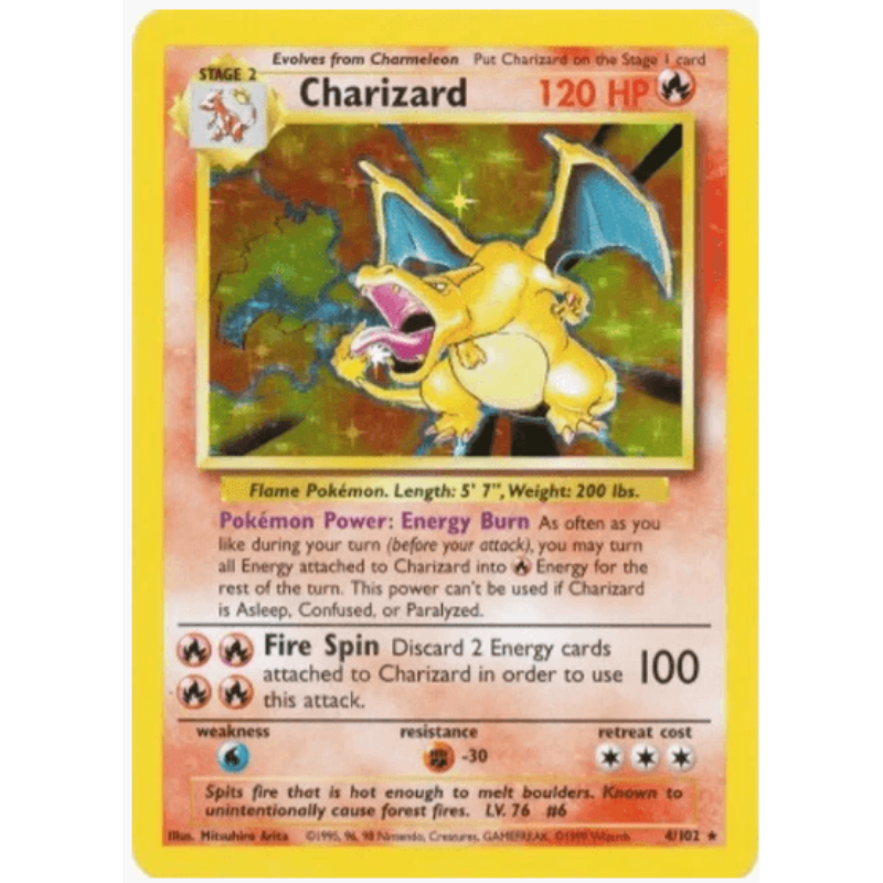 A vintage Pokémon Charizard trading card with a yellow border, featuring Charizard artwork in the center and game text on a red-orange background.