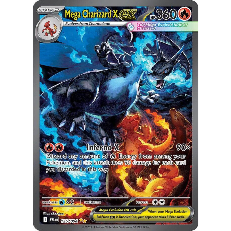 Mega Charizard X card from a trading card game with detailed artwork and text.