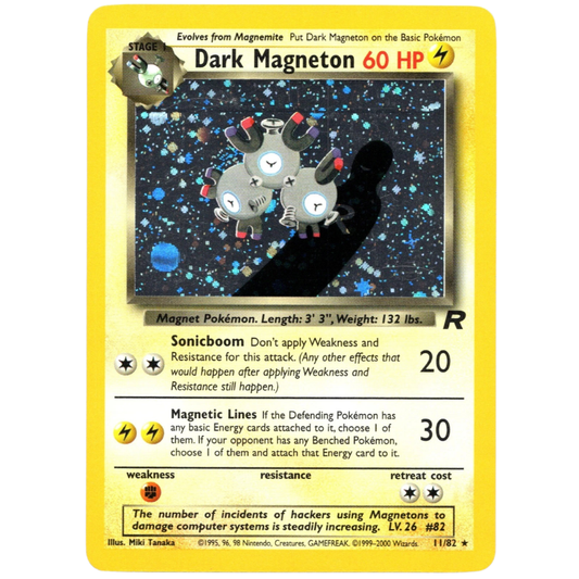 A single Pokémon trading card for Dark Magneton, shown against a plain white background. The card has a yellow border, black text, a central artwork panel with dark blue and black space imagery, and Pokémon branding and card details printed on it.
