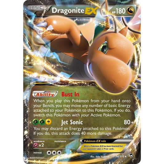 Dragonite EX Pokémon trading card with detailed artwork and text
