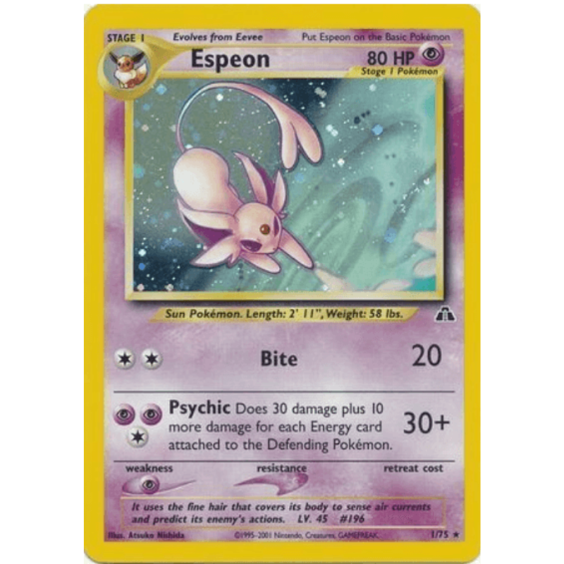 A single Pokémon trading card featuring Espeon, with a yellow border, pink and purple gradient background, and artwork of the pink dragon-like Pokémon in a starry blue-green scene.