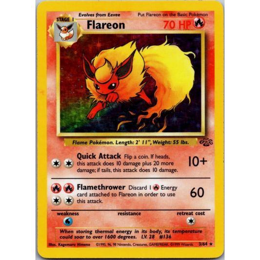 A single Flareon trading card from the Pokémon TCG, featuring artwork of the fire-type Pokémon with a yellow border and printed stats and text on a white background.