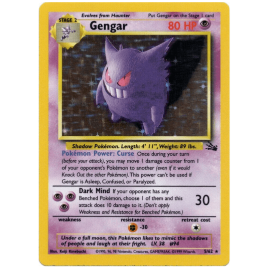 A vintage Pokémon trading card featuring Gengar, a Stage 2 Shadow Pokémon with 80 HP. The card has a yellow border, a pink and purple background, and a central illustration of Gengar's shadow form.