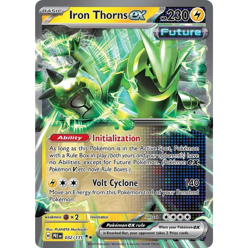 Pokémon trading card featuring Iron Thorns EX with green and gray design