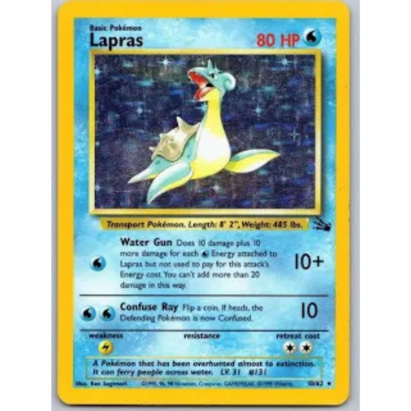 A single Pokémon trading card featuring Lapras from the Basic set, with a yellow border, blue background, and artwork of the creature in the center.
