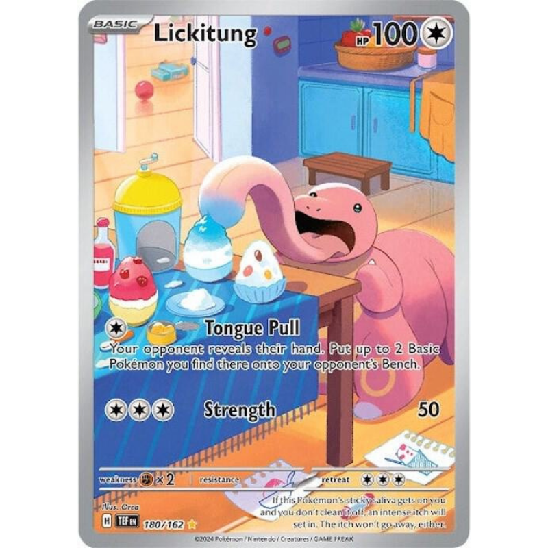 Pokémon trading card featuring a Lickitung in a kitchen setting