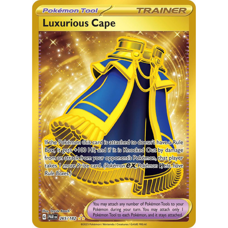 A single Pokémon Trading Card Game card titled "Luxurious Cape" shown straight-on against a black background. The card has a gold border and frame, with a blue and gold illustration of a cape and rule text below the title.