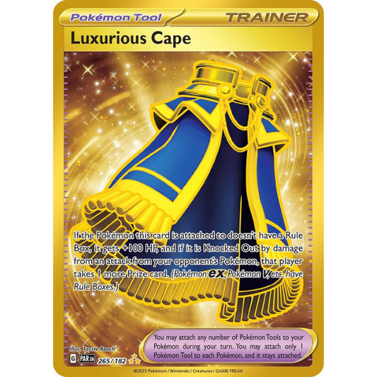 A single Pokémon Trading Card Game card titled "Luxurious Cape" shown straight-on against a black background. The card has a gold border and frame, with a blue and gold illustration of a cape and rule text below the title.
