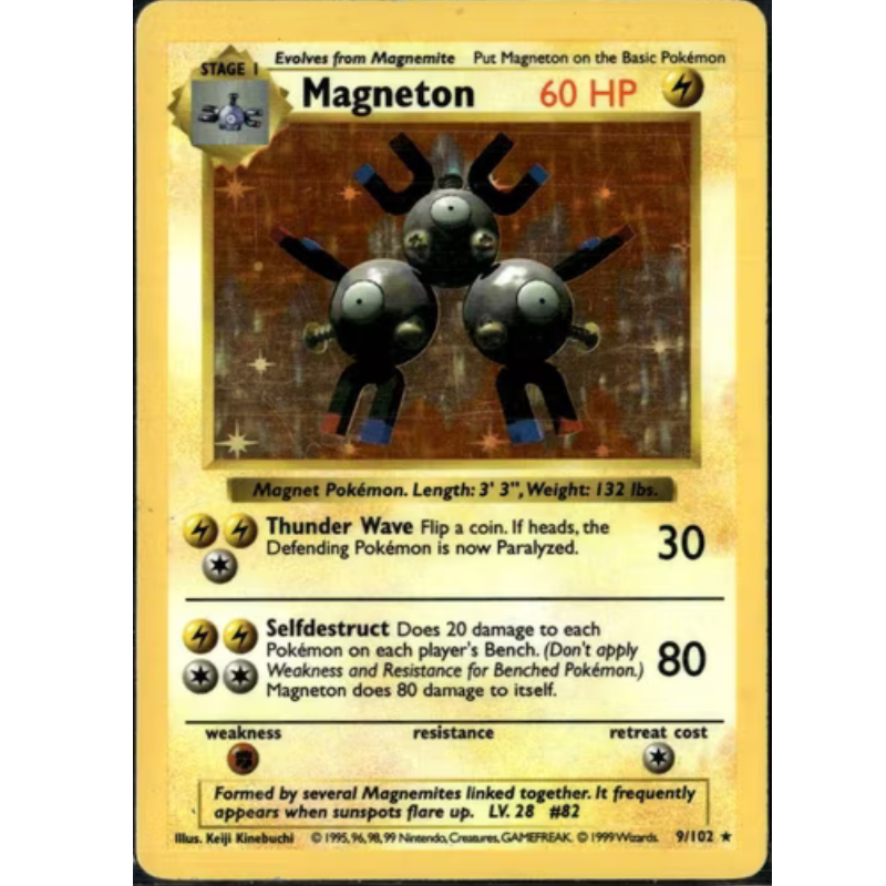 A vintage Pokémon trading card featuring Magneton, with a gold border and artwork of three magnetite-like spheres on a dark background. The card includes stats, move costs, and text describing its abilities.