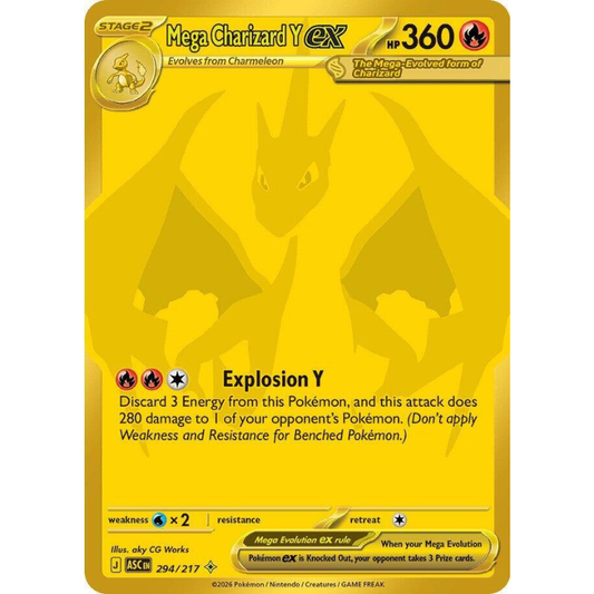 Mega Charizard Y EX trading card with yellow background and detailed text.