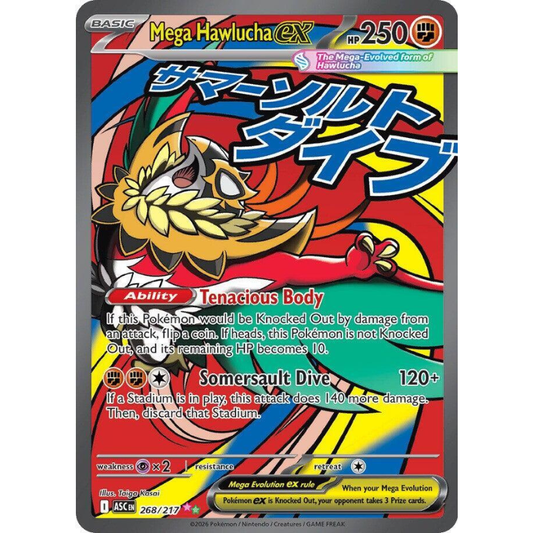 Pokémon trading card featuring Mega Hawlucha EX with colorful design and text.