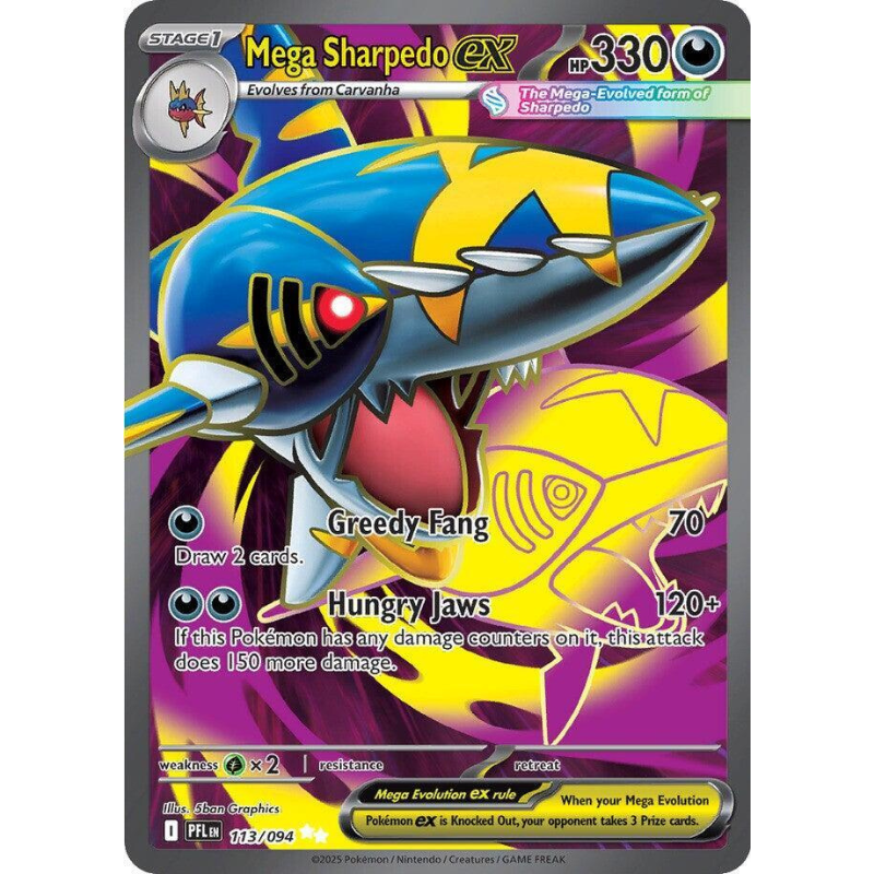 Pokémon trading card featuring Mega Sharpedo EX with vibrant colors and text.
