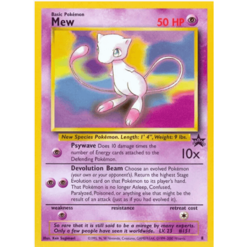 A vintage Pokémon trading card featuring Mew, the Basic Pokémon species. The card has a yellow border, a pink and purple gradient background, and detailed text describing Mew's stats and abilities.