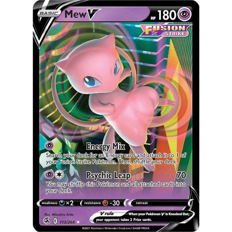 Pokémon trading card featuring Mew V with colorful design and text.
