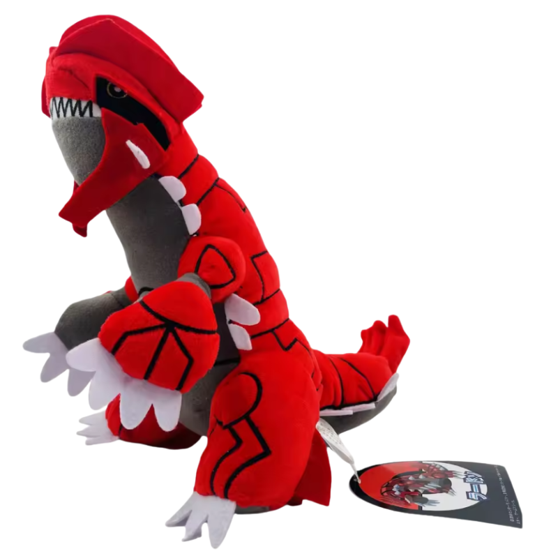 A red and gray plush toy resembling a dinosaur or dragon, shown on a plain white background with a small attached product tag.