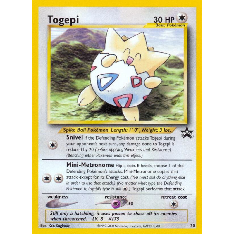 A vintage Pokémon trading card featuring Togepi, with a yellow border, black text, and a central illustration of the egg-shaped Pokémon character on a white card background.