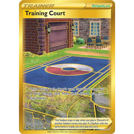 Trading card featuring a 'Training Court' with game text on a white background
