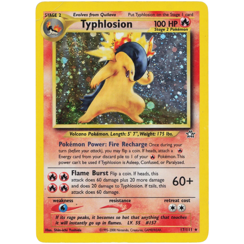 A single Pokémon trading card for Typhlosion, shown flat against a plain white background. The card has a yellow border, a red-orange frame, and artwork of the character Typhlosion in the center.