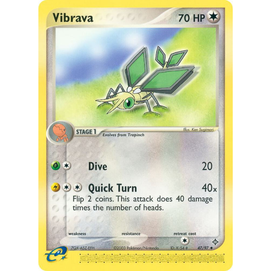 A single Pokémon trading card featuring the character Vibrava, with a yellow border, holographic artwork, and printed game text on a plain light background.