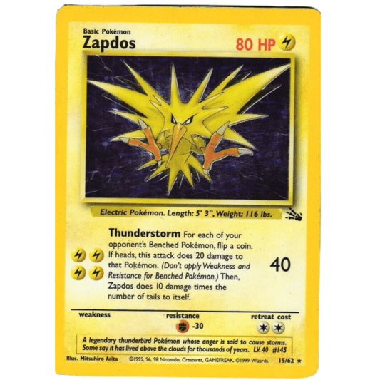 A vintage Pokémon trading card featuring Zapdos from the Basic set, with a yellow border and a central illustration of the electric bird on a dark background.