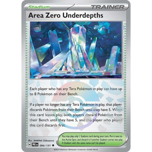 Pokémon trading card featuring 'Area Zero Underdepths' with crystal graphics and text.