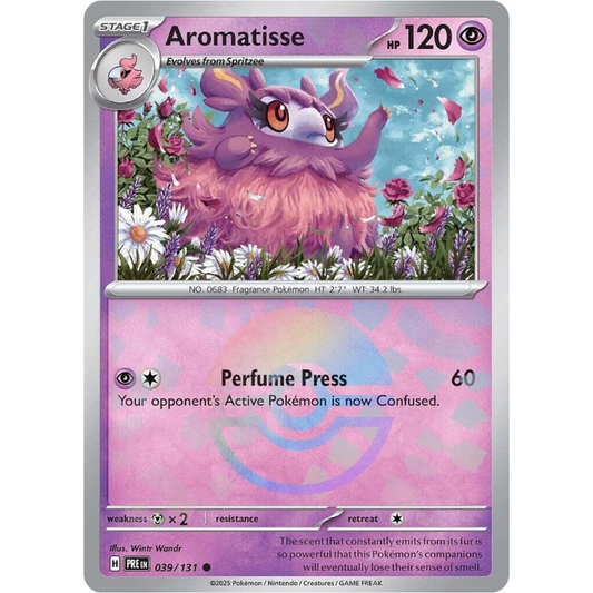Pokémon trading card featuring Aromatisse with a pink and purple design.