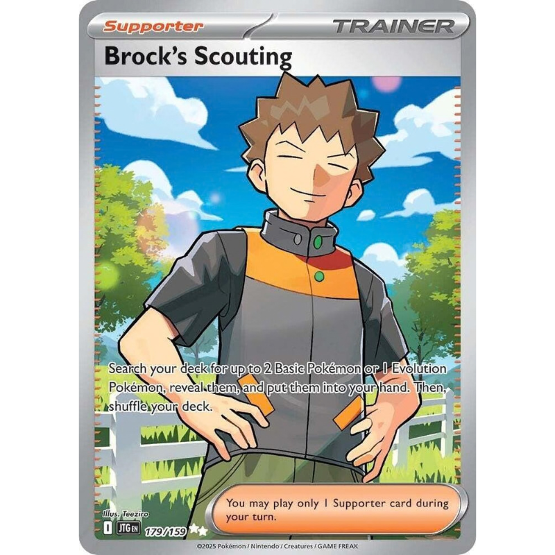 Trading card featuring a character named Brock with a scenic background