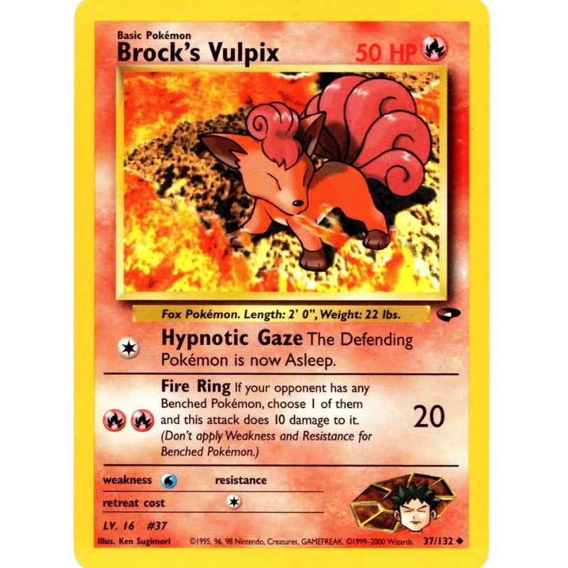 Pokémon trading card featuring Brock's Vulpix with fiery design and text.