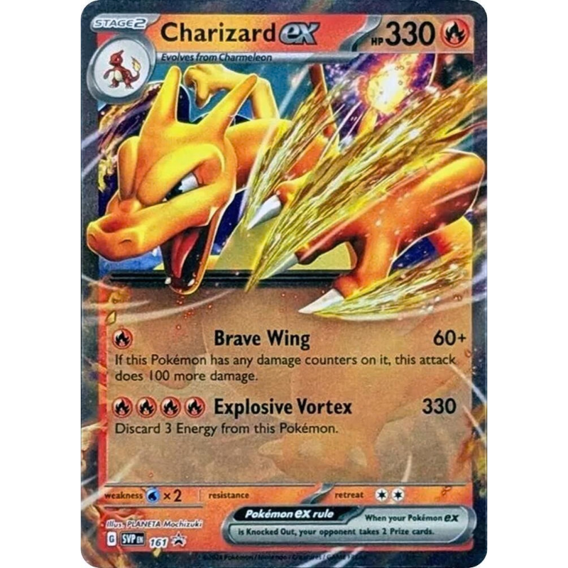 Pokémon trading card featuring Charizard EX with fiery design and text.