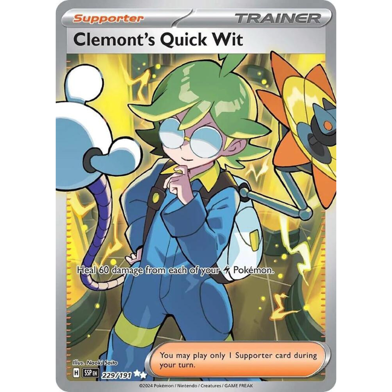 Pokémon trading card featuring a character named 'Clemont's Quick Wit' with a Trainer role.
