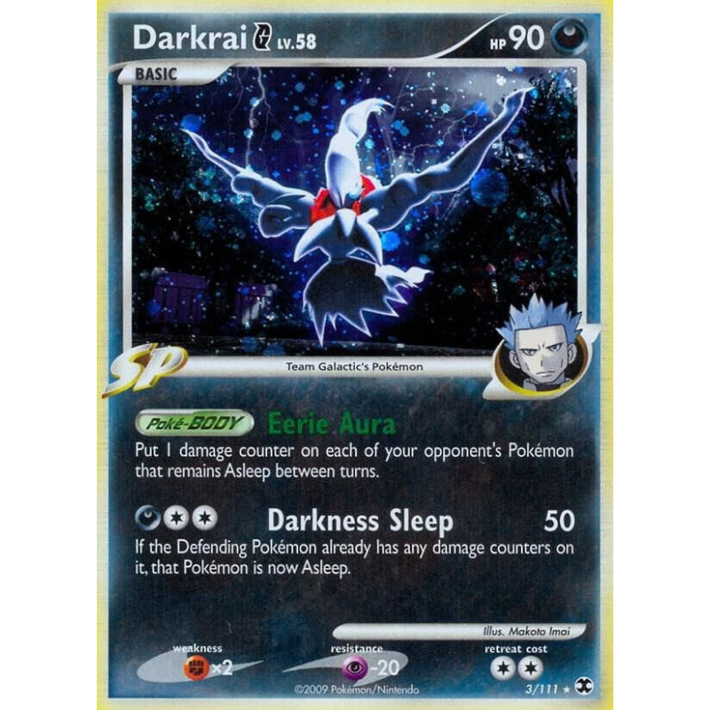 Pokémon trading card featuring Darkrai with Eerie Aura and Darkness Sleep effects.