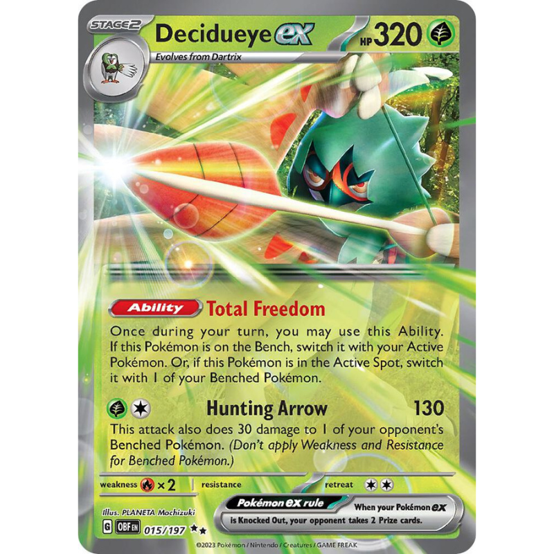 Pokémon trading card featuring Decidueye EX with green and yellow design
