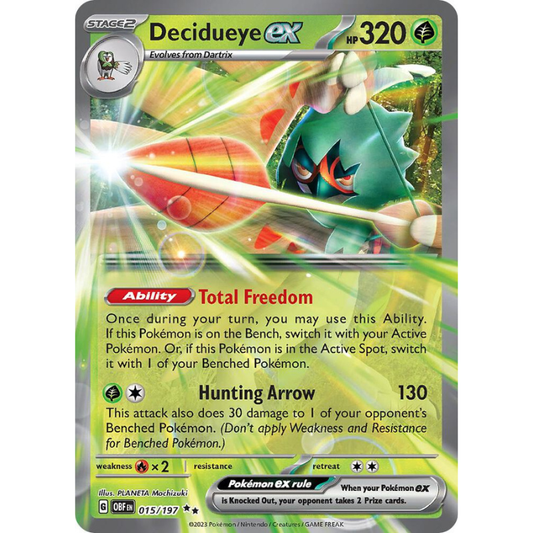 Pokémon trading card featuring Decidueye EX with green and yellow design