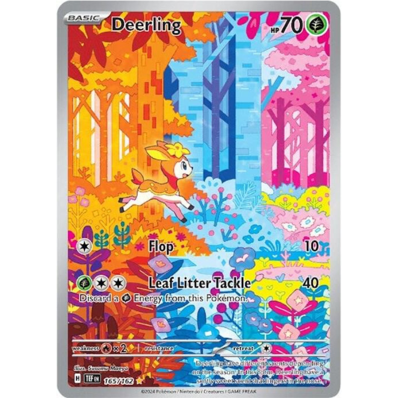 Colorful trading card featuring a deer character in a forest setting with various elements.