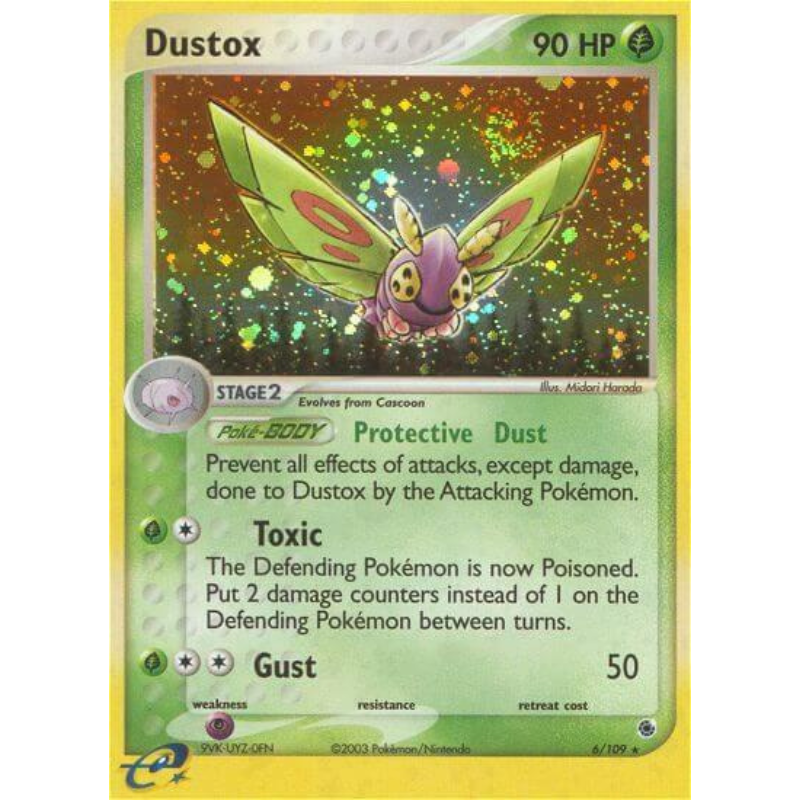 Pokémon trading card featuring Dustox with colorful background
