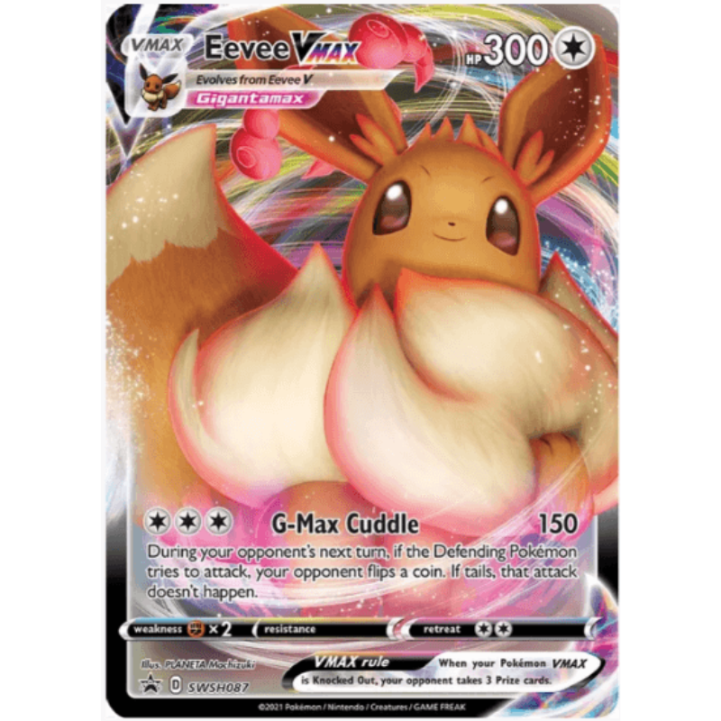 Pokémon trading card featuring Eevee VMAX with colorful background