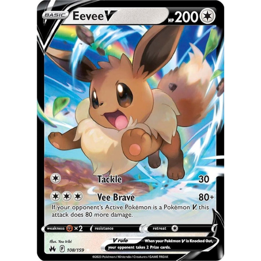Pokémon trading card featuring Eevee V with colorful background