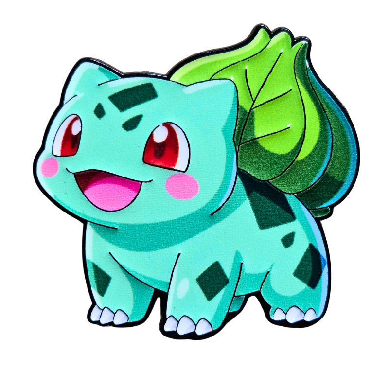 Cartoon character with a green body and leaf on a white background