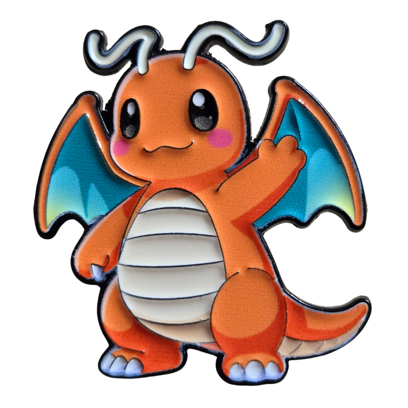 Cartoon dragon character with colorful wings on a white background