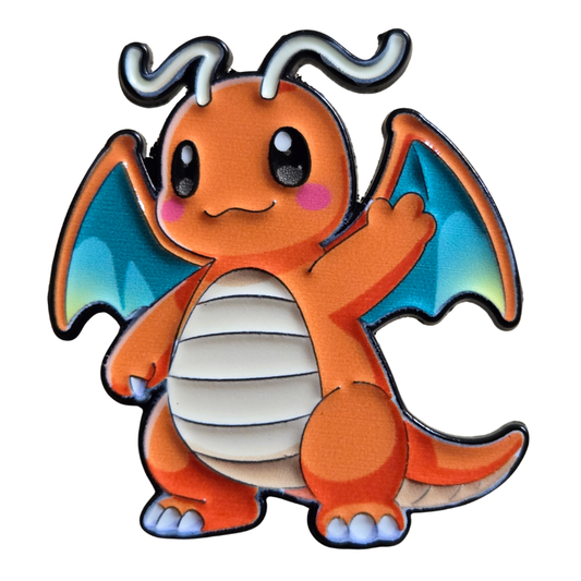 Cartoon dragon character with colorful wings on a white background