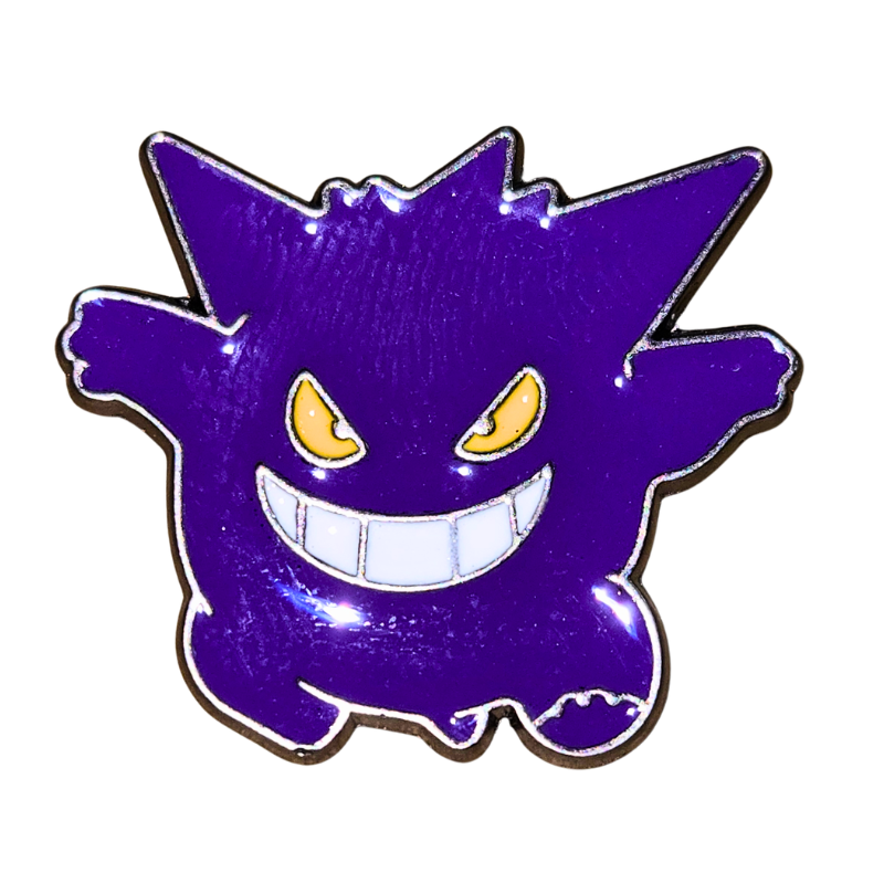 Purple cartoon character with a wide grin on a white background