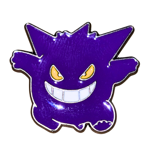 Purple cartoon character with a wide grin on a white background