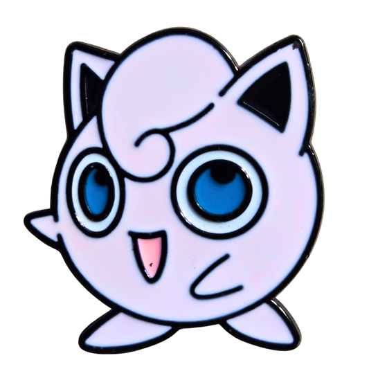 Enamel pin of a cartoon character with large blue eyes and a white face on a white background