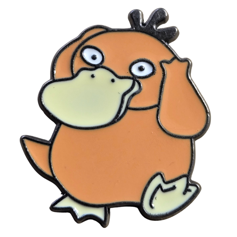 Cartoon character with an orange body and white face on a white background